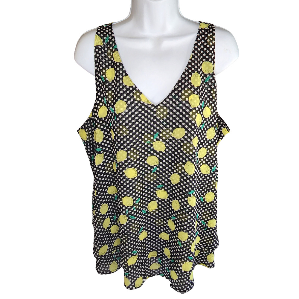 Lane Bryant Blouse Womens 20 Plus Size Black Yellow Polka Dot Lemons Rockabilly